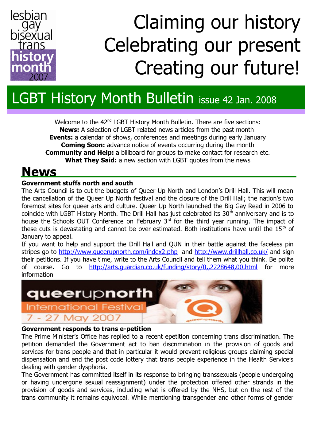 Welcome to the 42Nd LGBT History Month Bulletin. There Are Five Sections