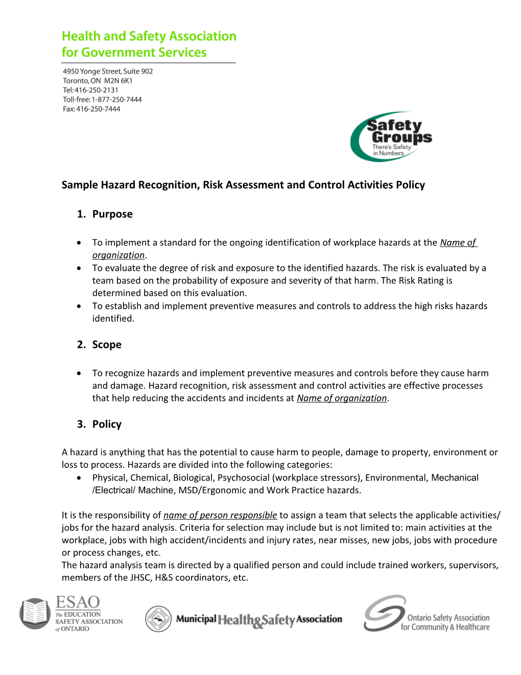 Sample Hazard Recognition, Risk Assessment and Control Activities Policy