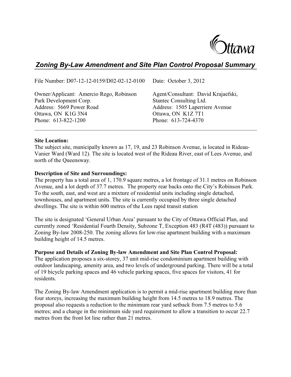 Zoning By-Law Amendment and Site Plan Control Proposal Summary