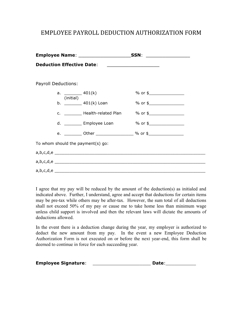 Employee Payroll Deduction Authorization Form