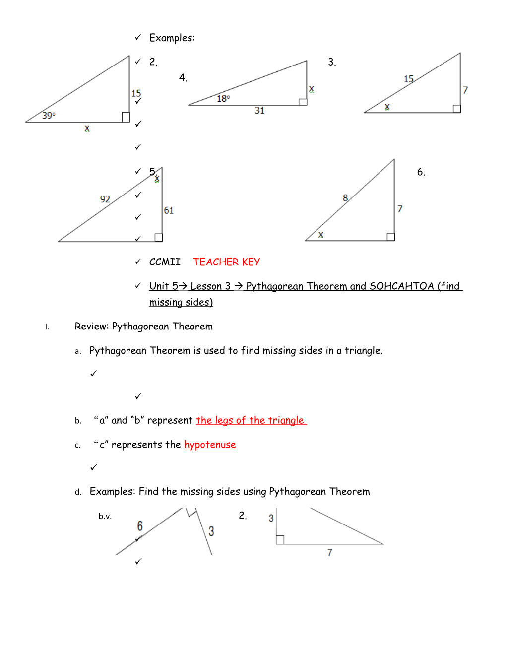 CCM2 Unit 5À Lesson 3 À Pythagorean Theorem and SOHCAHTOA (Find Missing Sides)