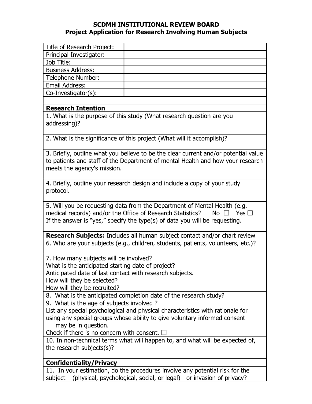 Scdmh Institutional Review Board