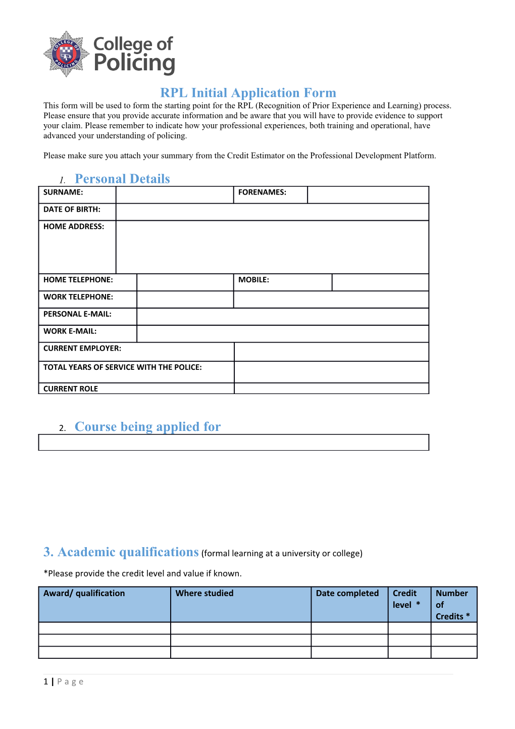 RPL Initial Application Form