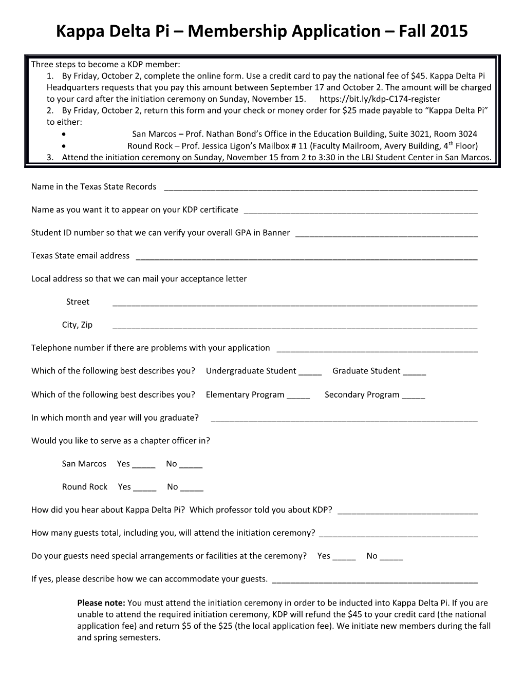 Kappa Delta Pi Membership Application Fall 2015