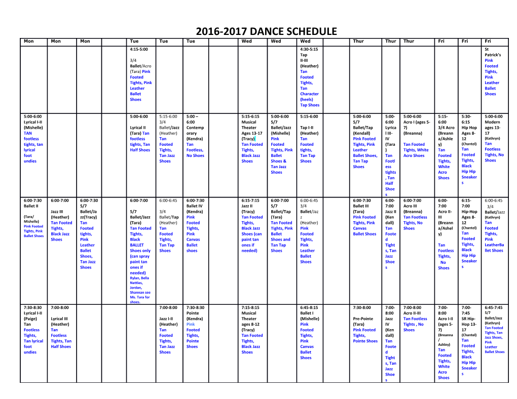 2016-2017 Dance Schedule