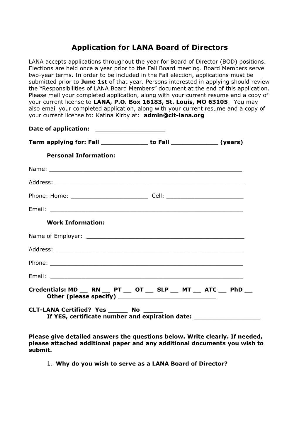 Application for LANA Board of Directors