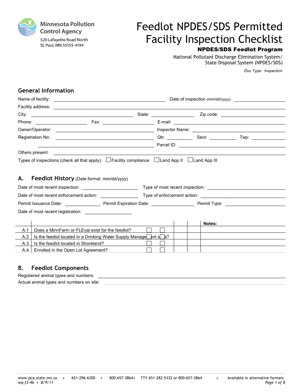Feedlot NPDES/SDS Permitted Facility Inspection Checklist - Form