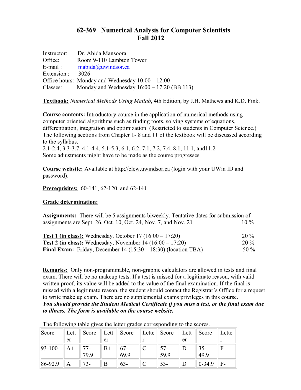 62-369 Numerical Analysis for Computer Scientists