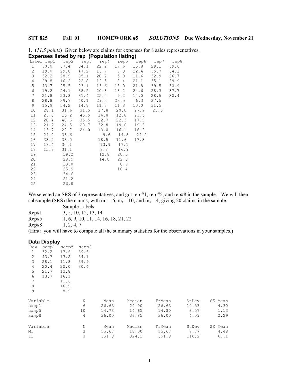 STT 825 Fall 01 HOMEWORK #5 SOLUTIONS Due Wednesday, November 21