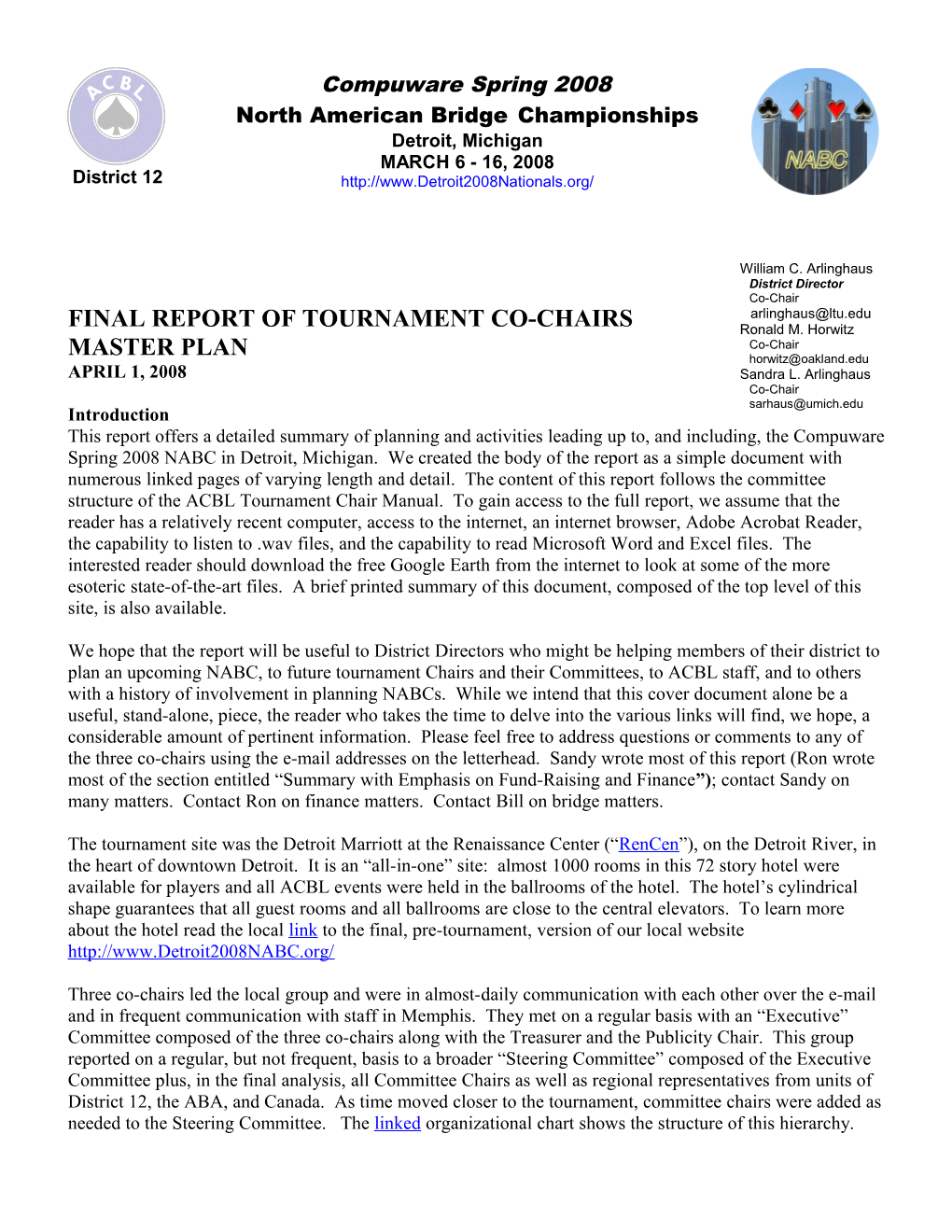 Final Report of Tournament Co-Chairs