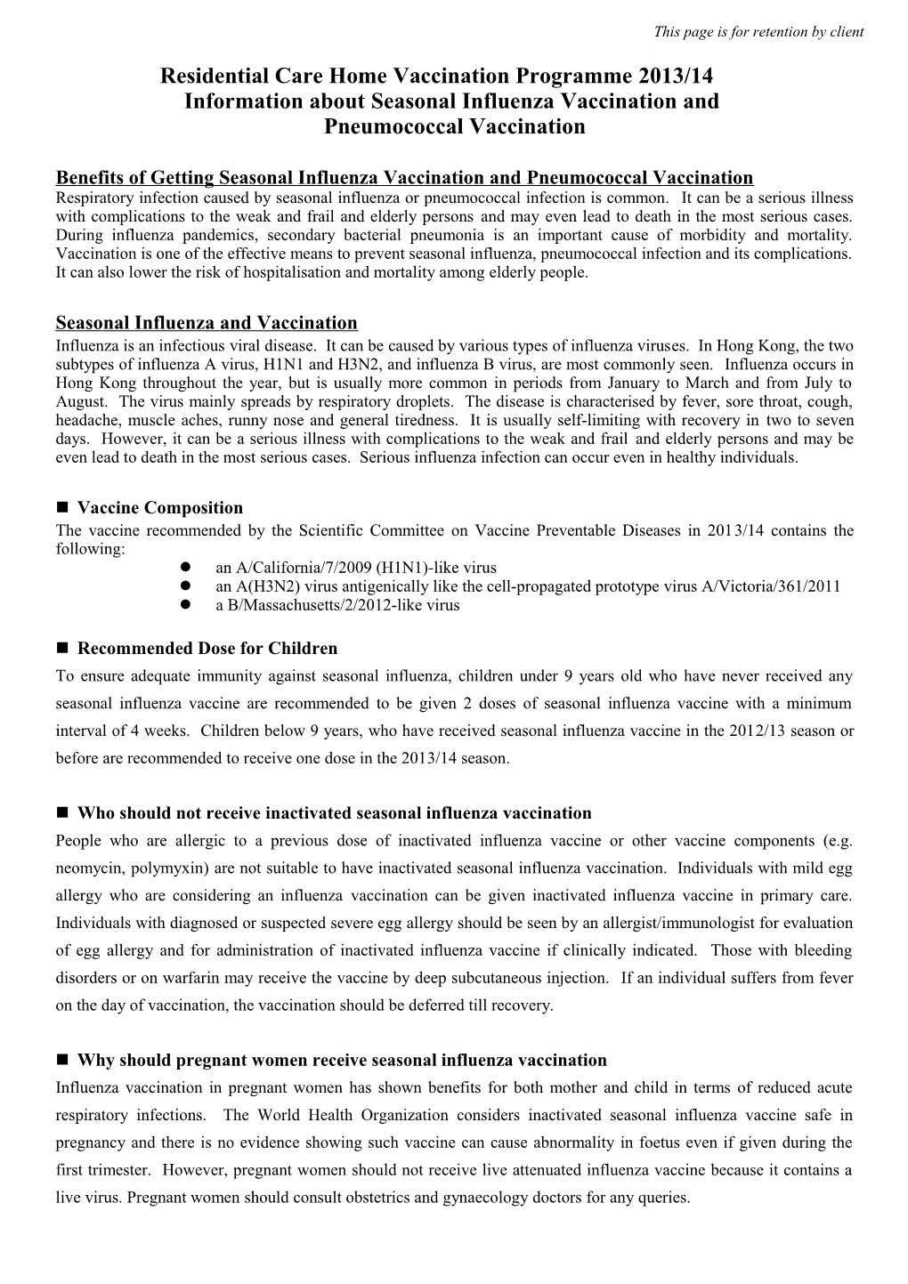 Residential Care Home Vaccination Programme 2013/14