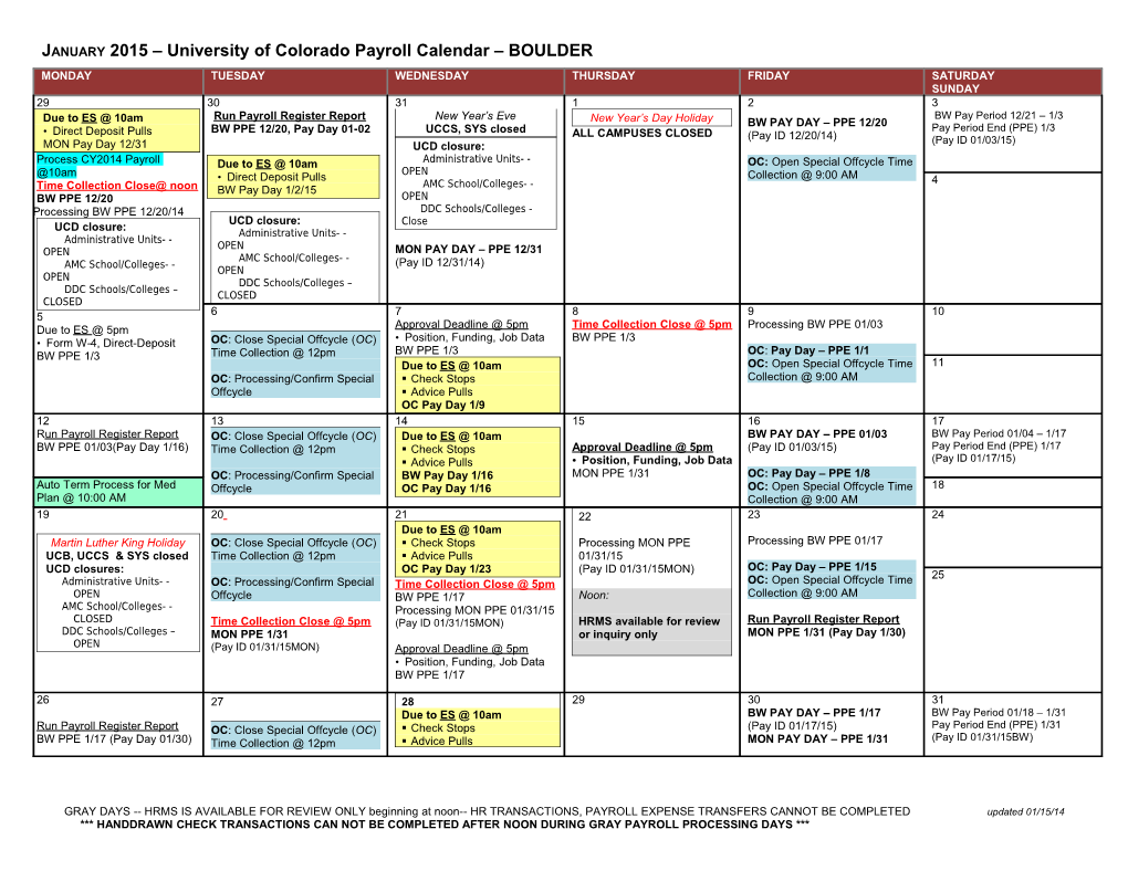JANUARY 2009 University of Colorado Payroll Calendar PBS MASTER
