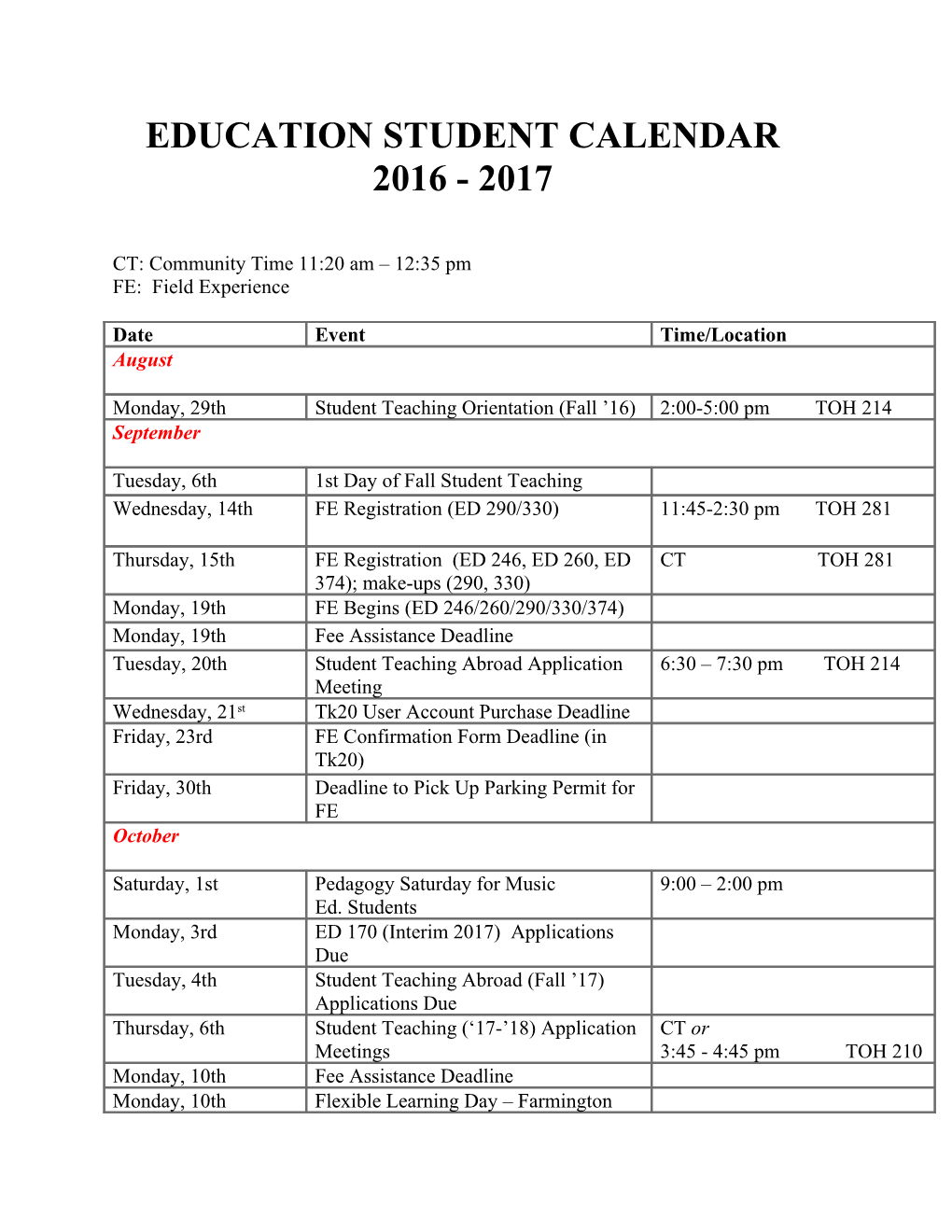 Education Student Calendar 2016 - 2017