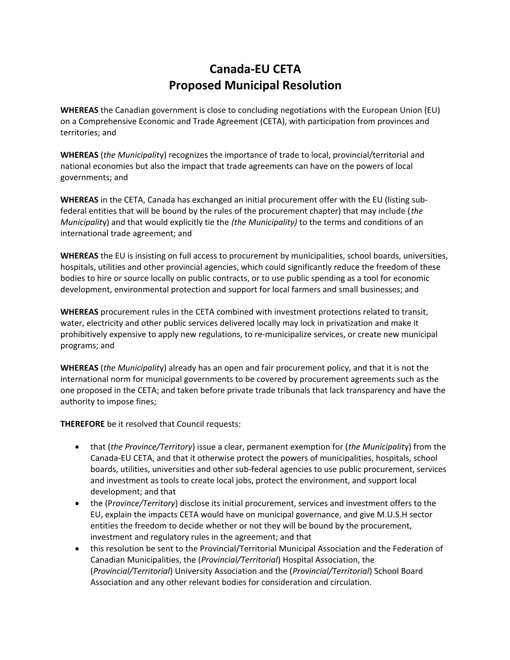Proposed Municipal Resolution