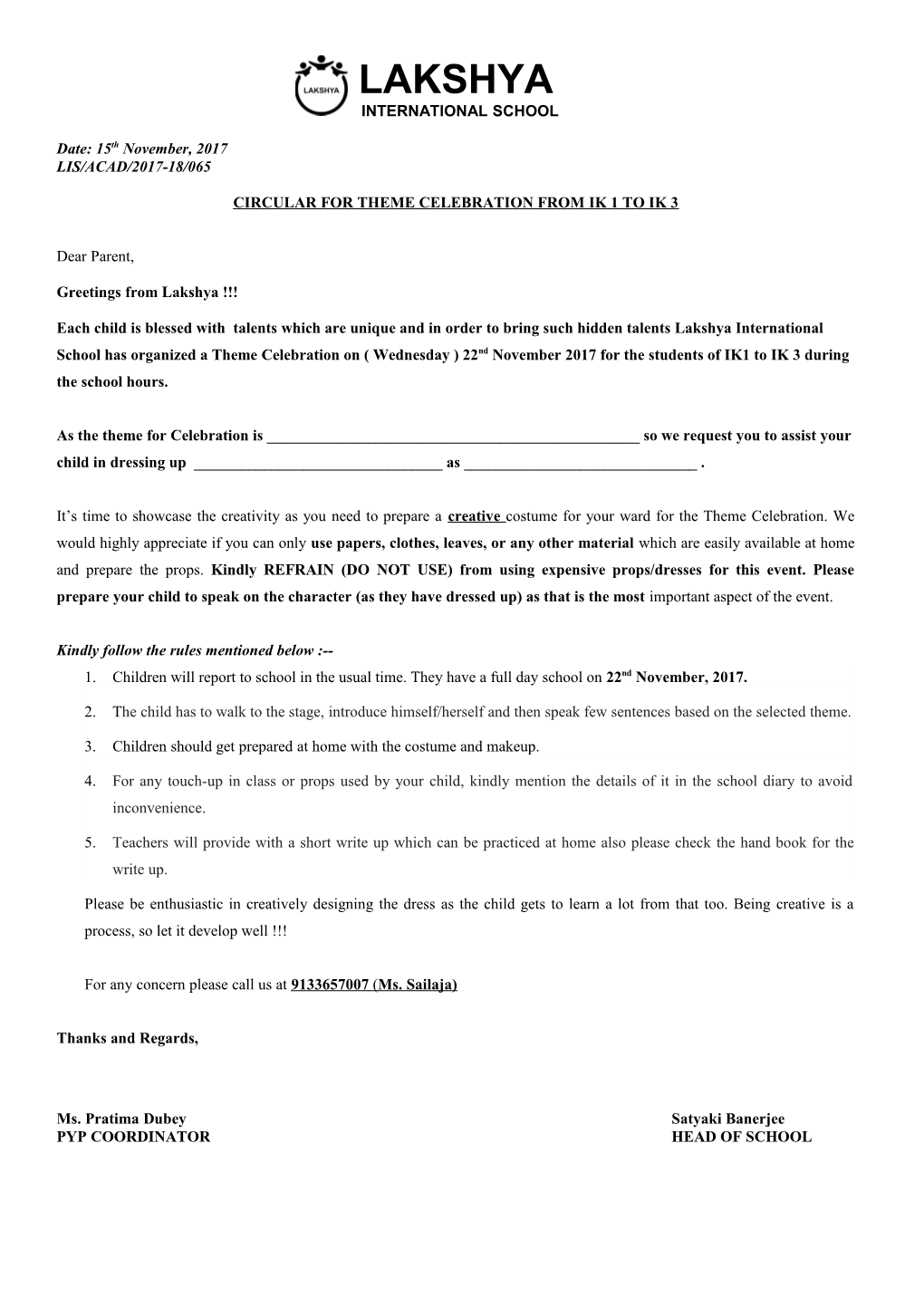 Circular for Theme Celebration from Ik 1 to Ik 3
