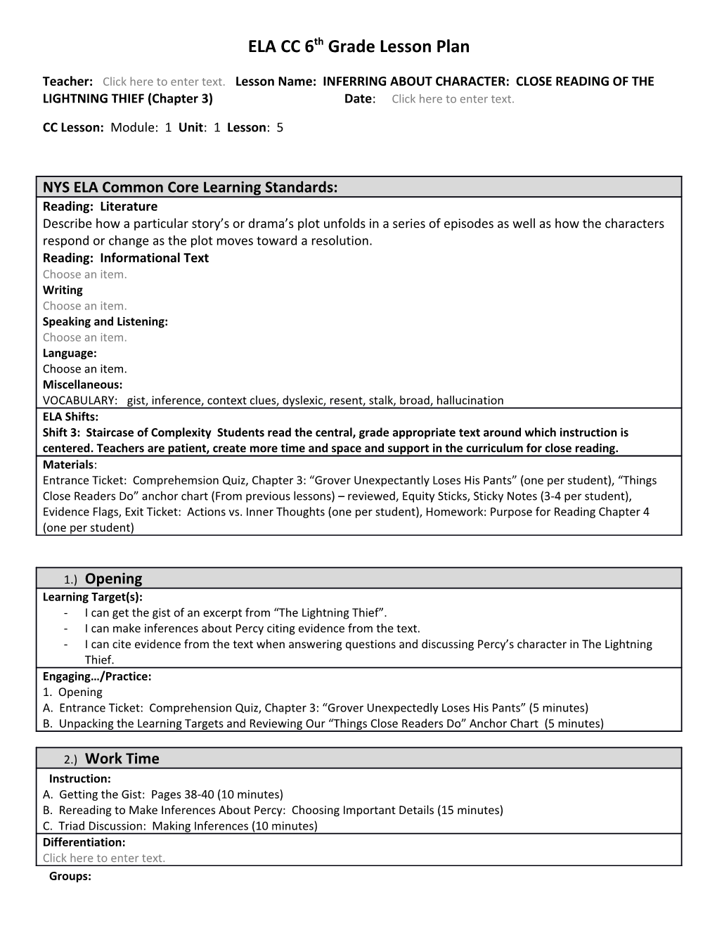 ELA CC 6Th Grade Lesson Plan