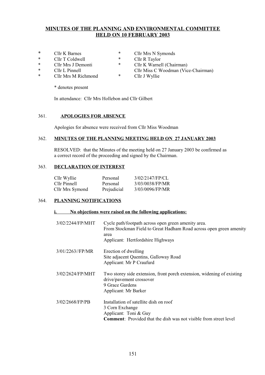 Minutes of the Planning and Environmental Committee Held on 25 November 2002