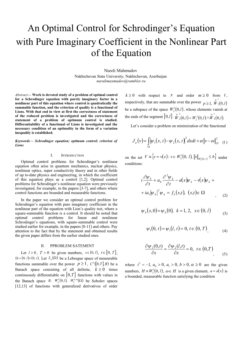 An Optimal Control for Schrodinger S Equation