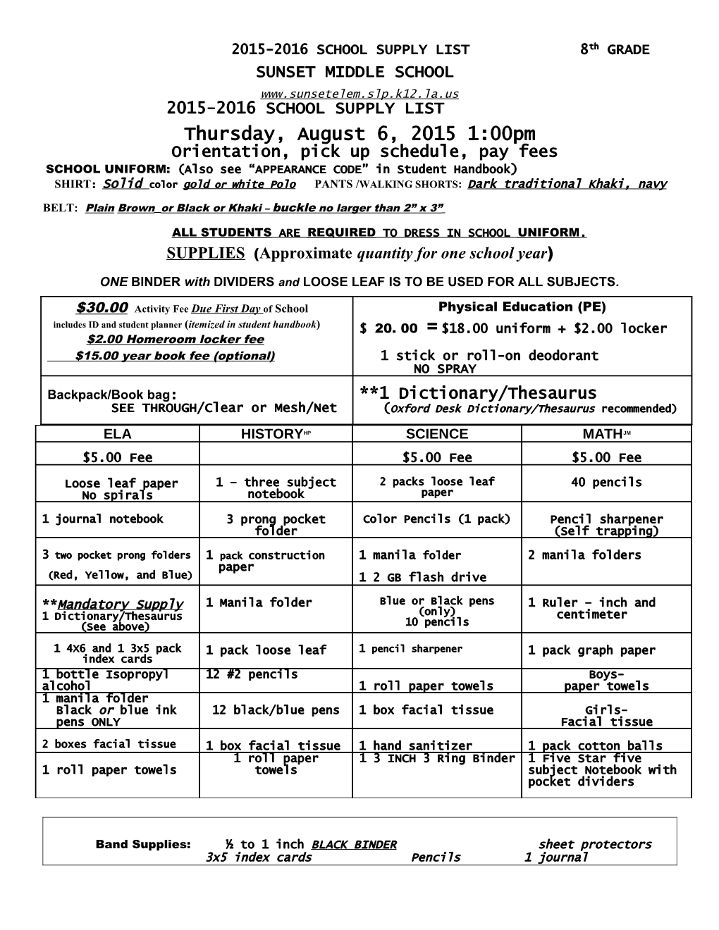 2015-2016 SCHOOL SUPPLY LIST 8Th GRADE