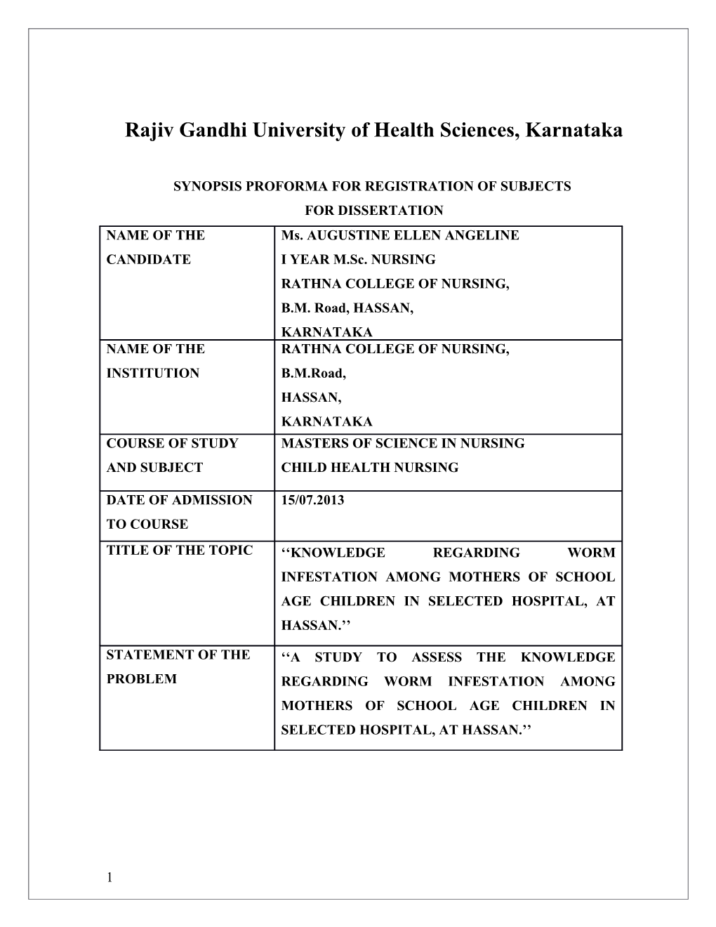 Synopsis Proforma for Registration of Subjects