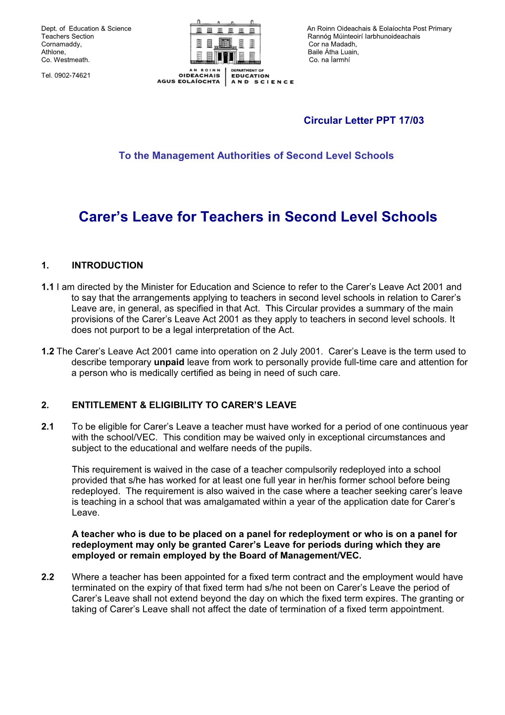 Circular PPT17/03 - Carer S Leave for Teachers in Second Level Schools (File Format Word 136KB)
