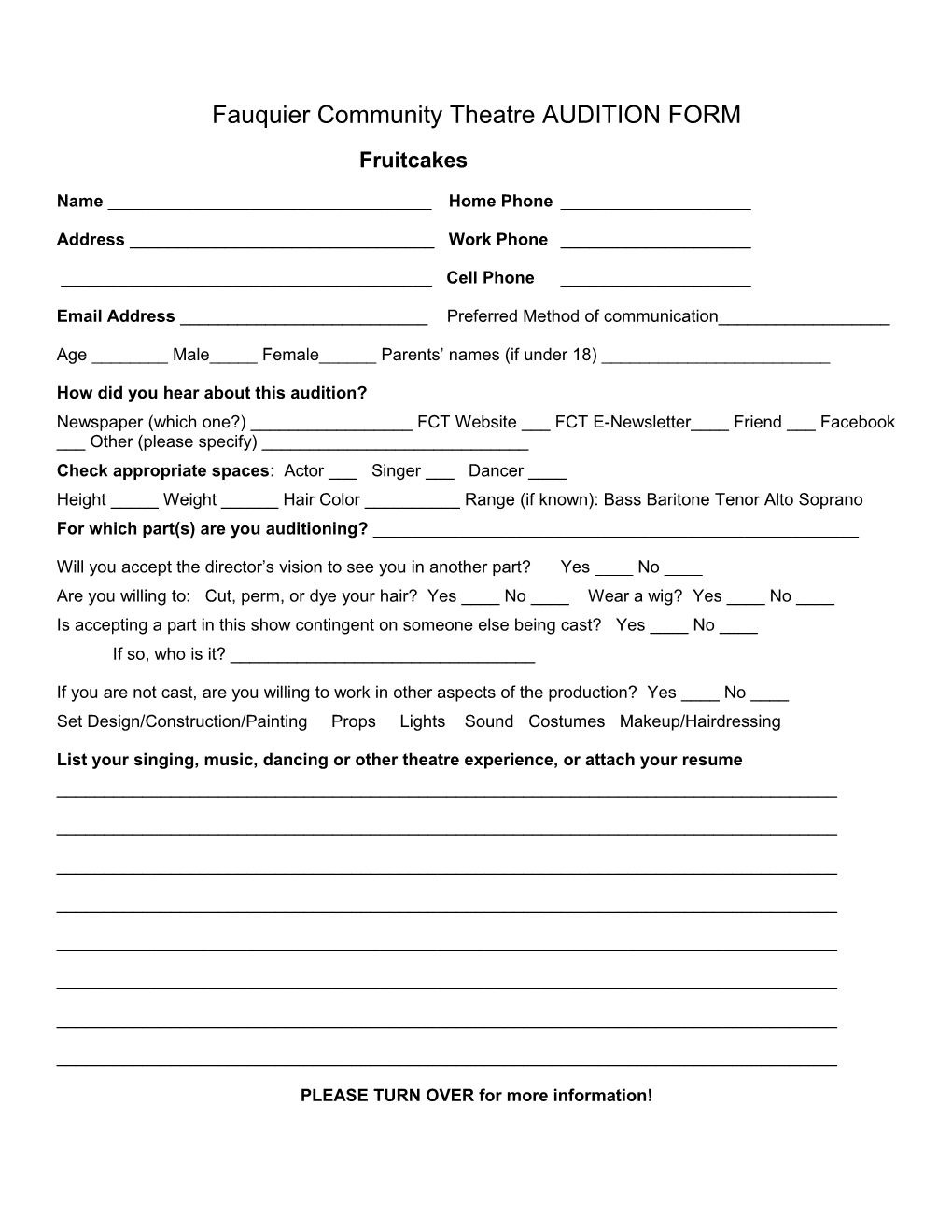 Fauquier Community Theatre AUDITION FORM