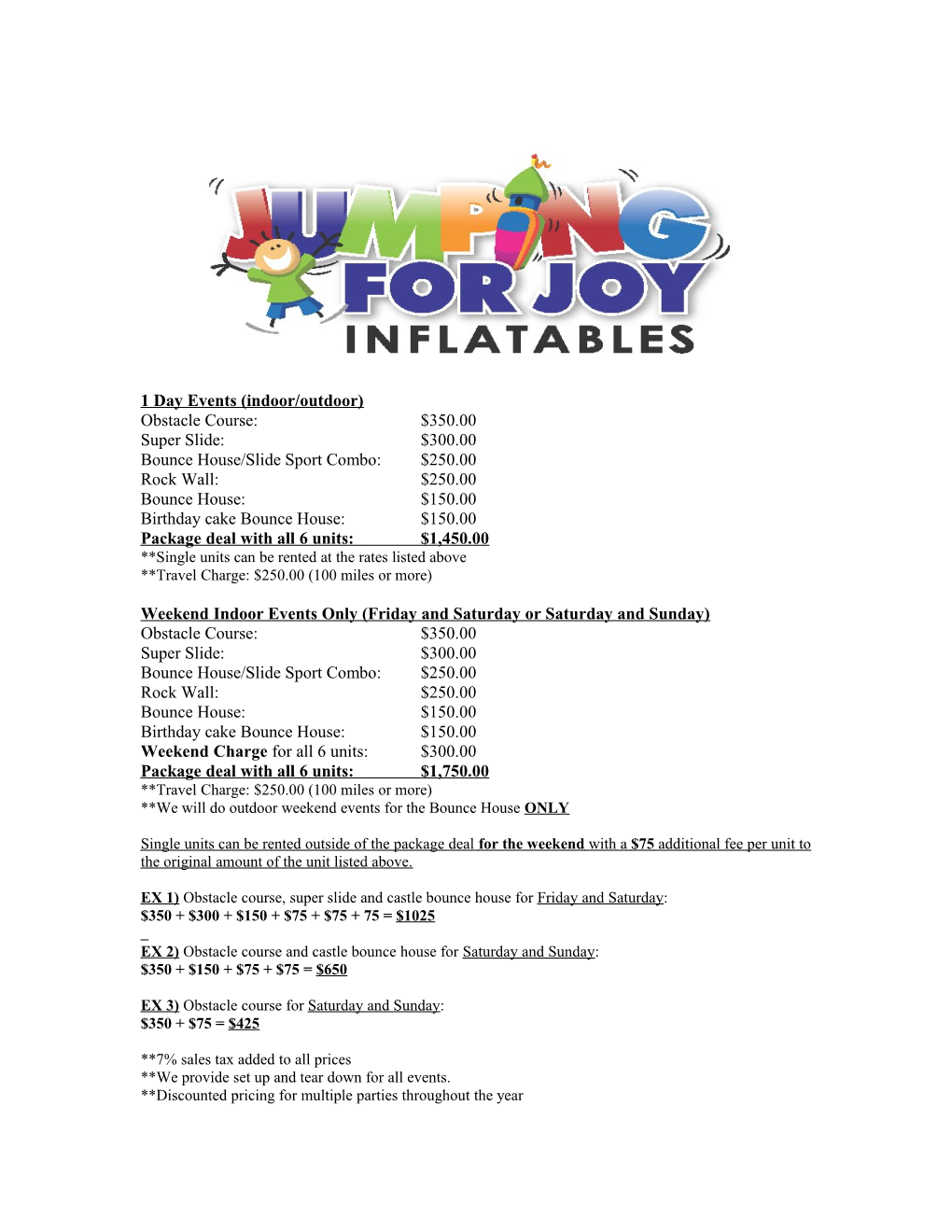 Pricing for Inflatable Parties