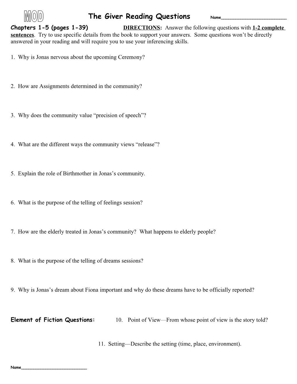 The Giver Reading Questions