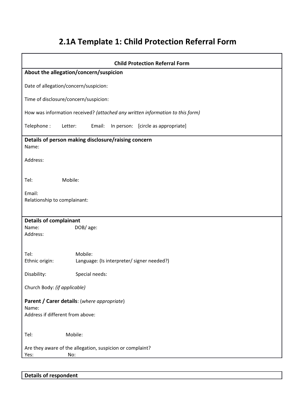 2.1A Template 1: Child Protection Referral Form