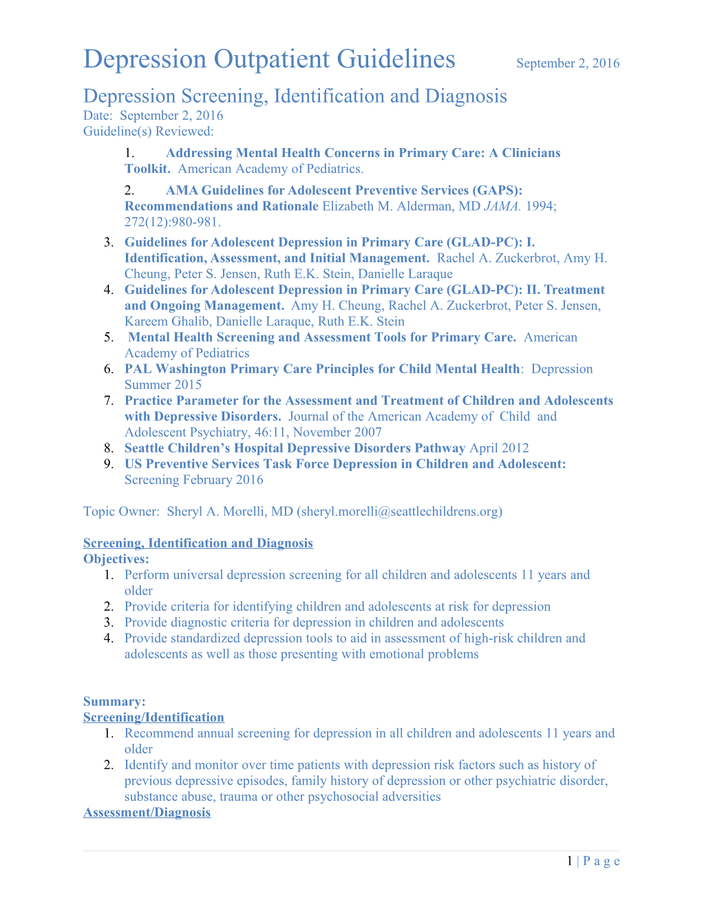 Depression Outpatient Guidelines