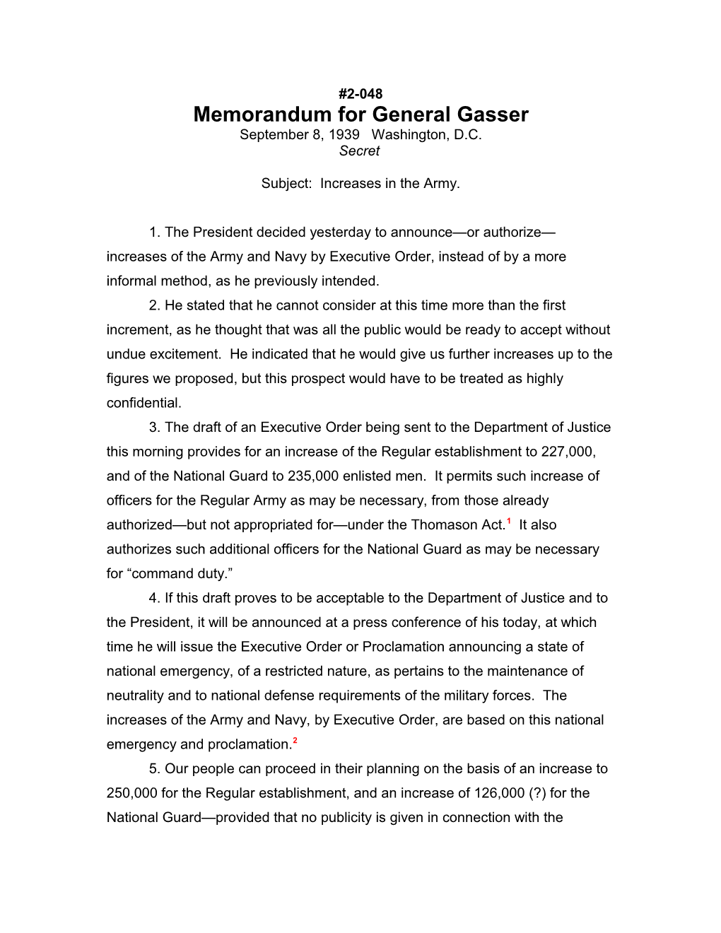 Memorandum for General Gasser