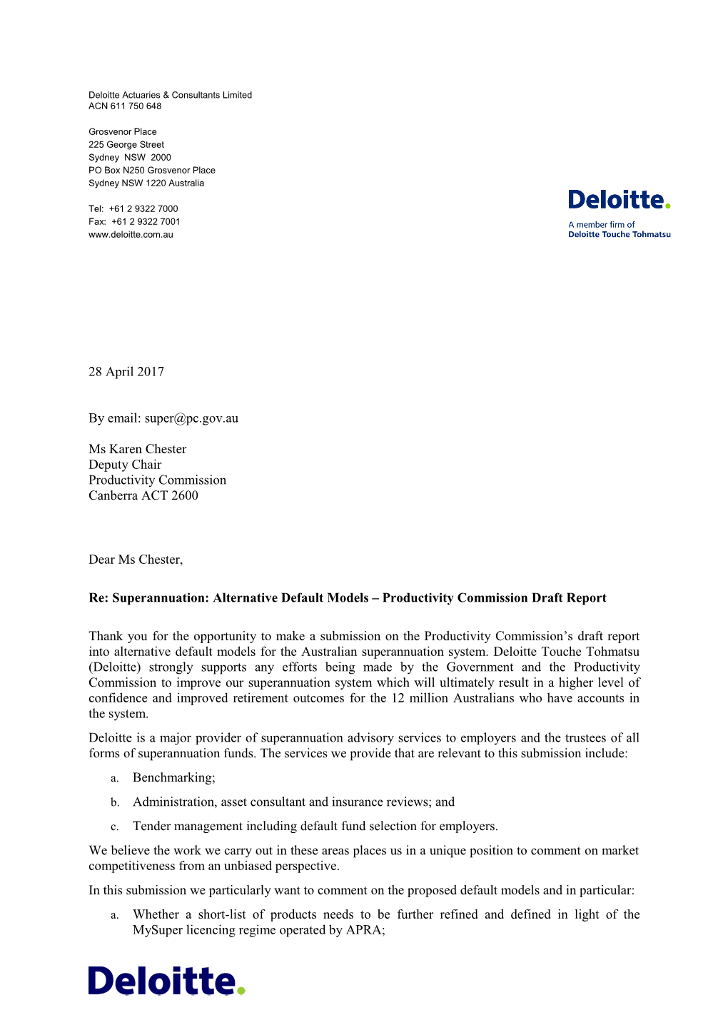 Submission DR61 - Deloitte Touche Tohmatsu (Deloitte) - Alternative Default Fund Models