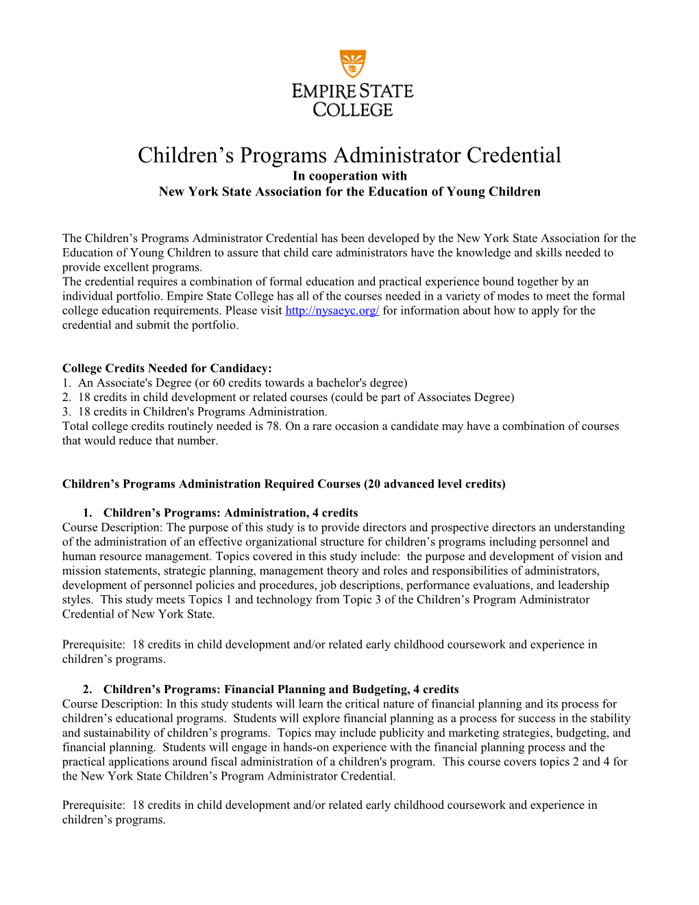 Children S Programs Administrator Credential