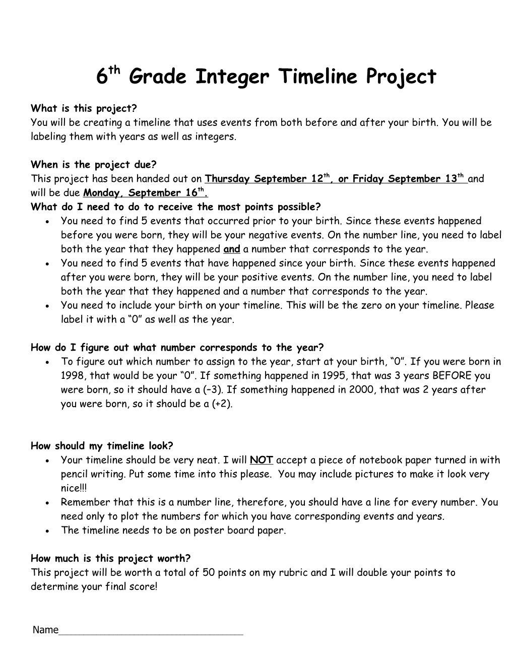 6Th Grade Integer Timeline Project