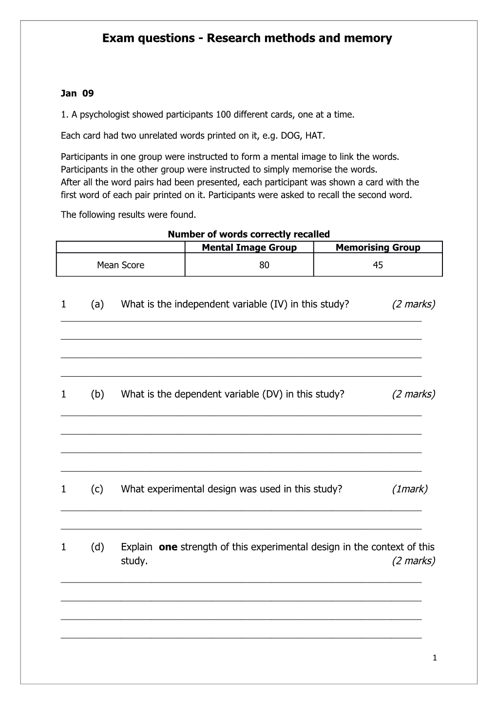 Exam Questions- Research Methods and Memory