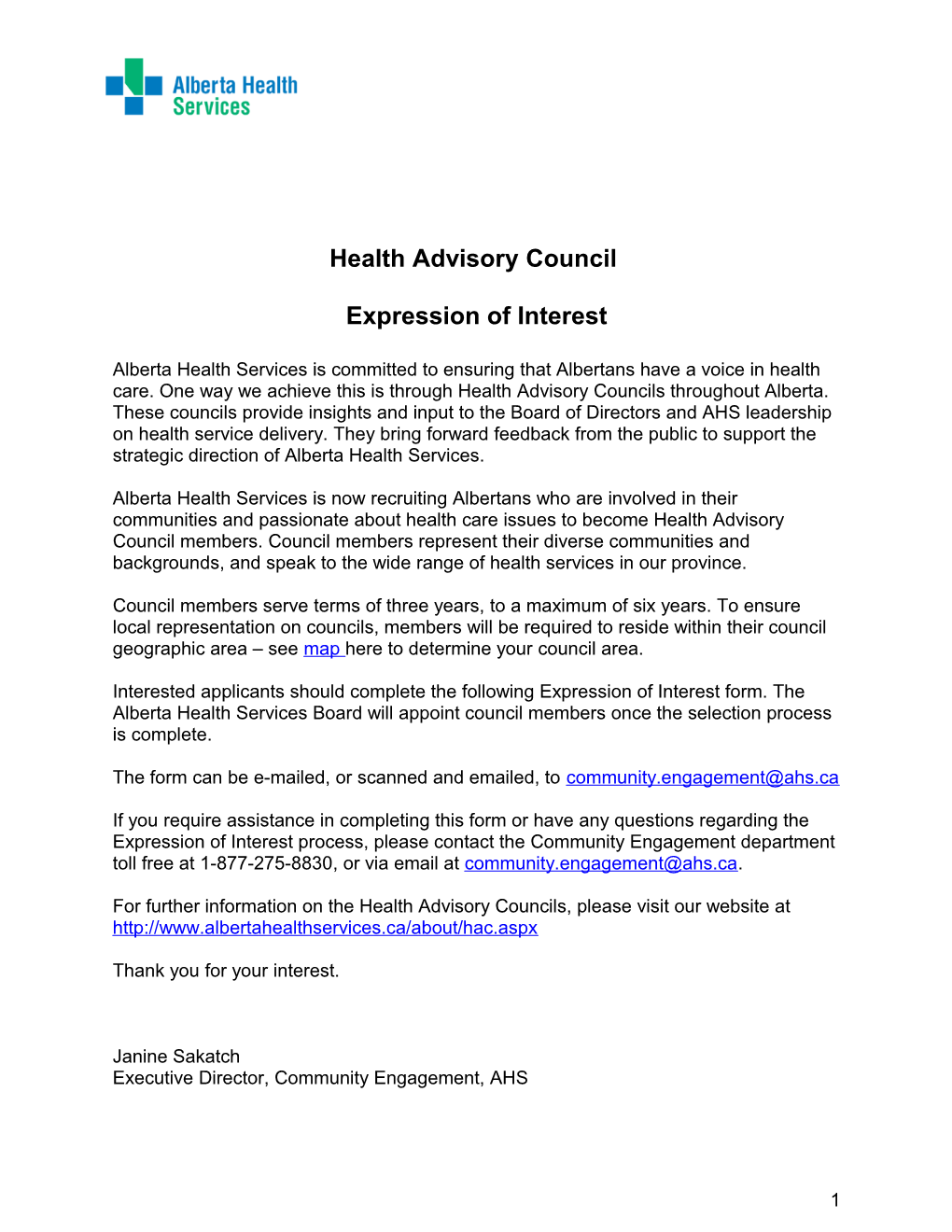 Health Advisory Council Expression of Interest Form