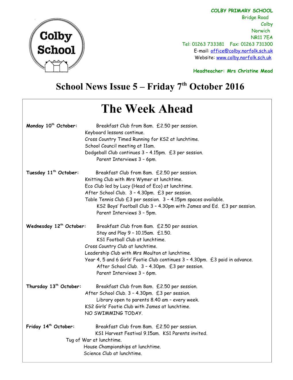 School News Issue 5 Friday 7Th October 2016