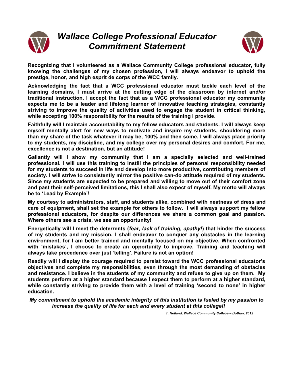 Wallace College Professional Educator Commitment Statement