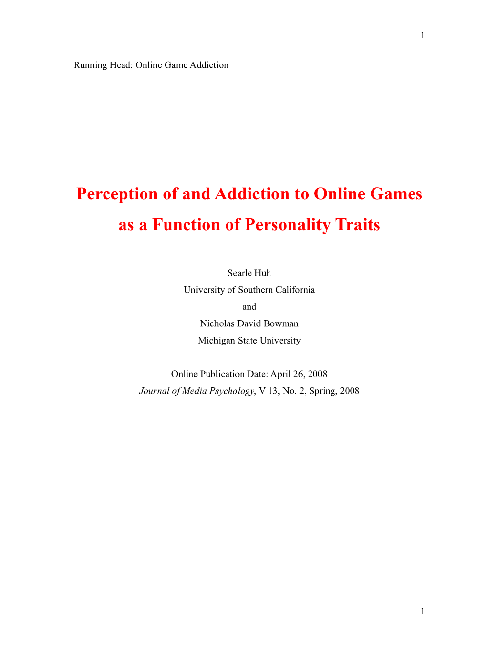 Running Head: Online Game Addiction