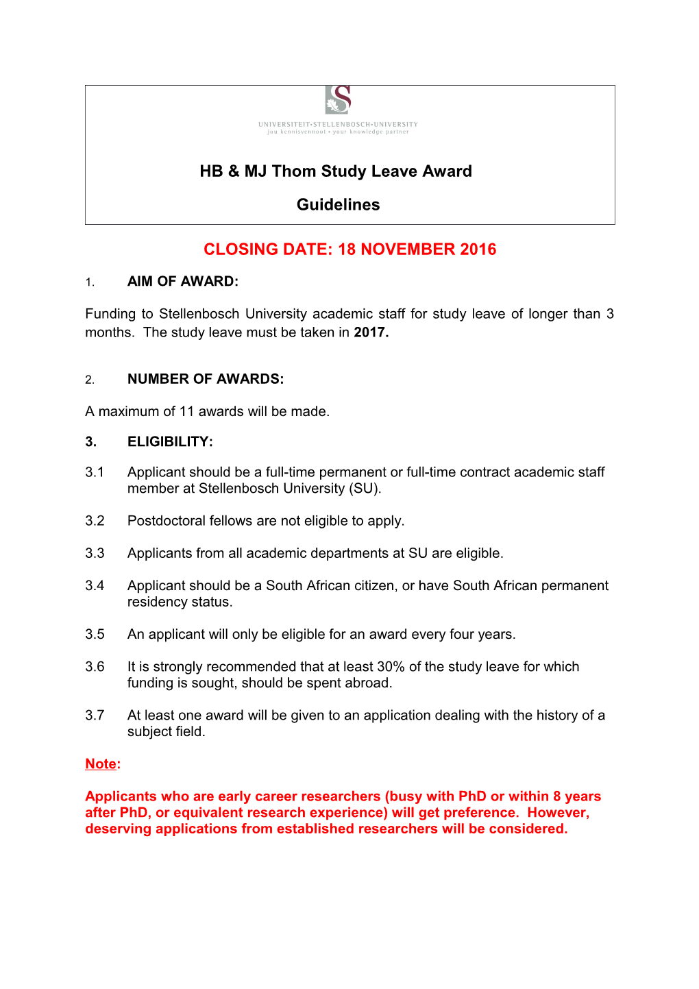 HB & MJ Thom Study Leave Award