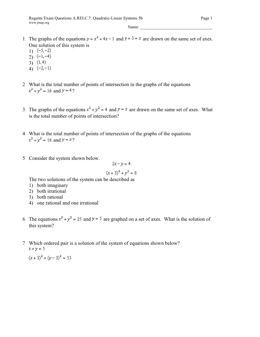 Regents Exam Questions A.REI.C.7: Quadratic-Linear Systems 5Bpage 1