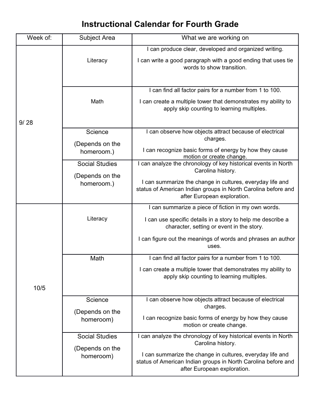 Instructional Calendar Fourth Grade Q1