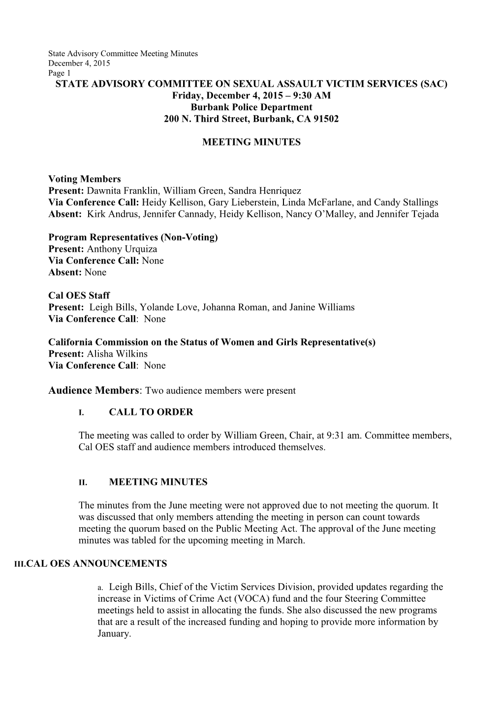 SAC Meeting Minutes - December 4, 2015