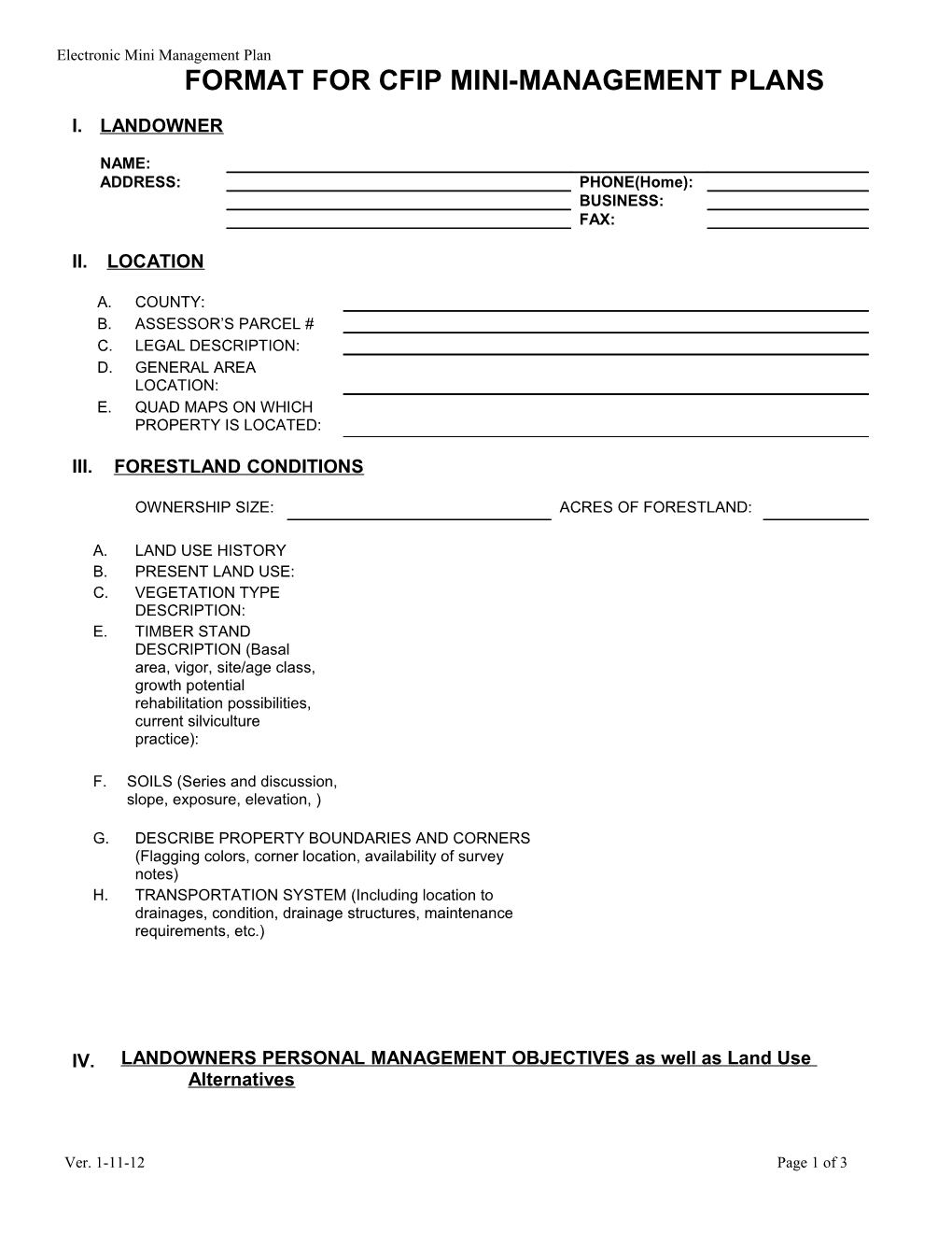 Format for Cfip Mini-Management Plans