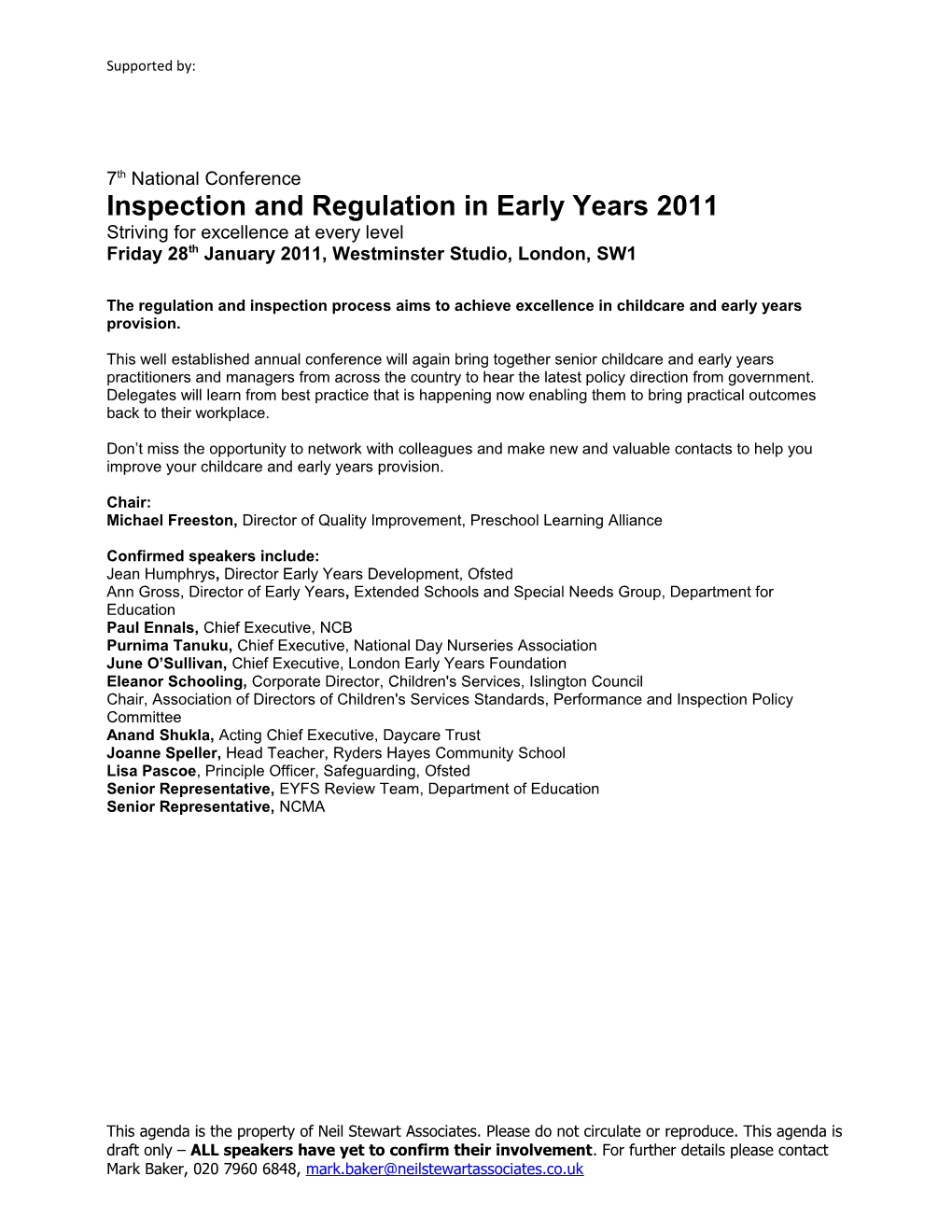 Inspection and Regulation in Early Years 2011