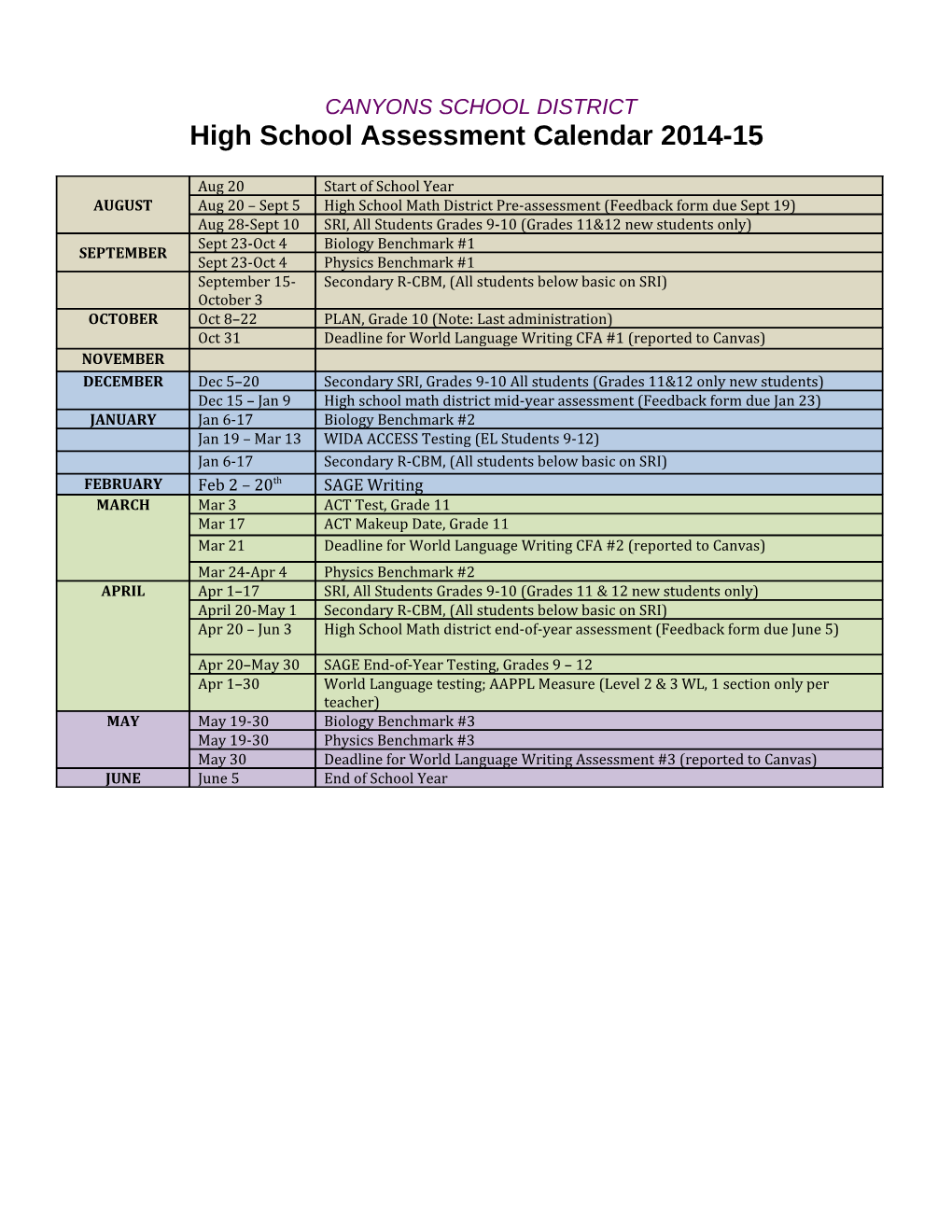 High School Assessment Calendar 2014-15