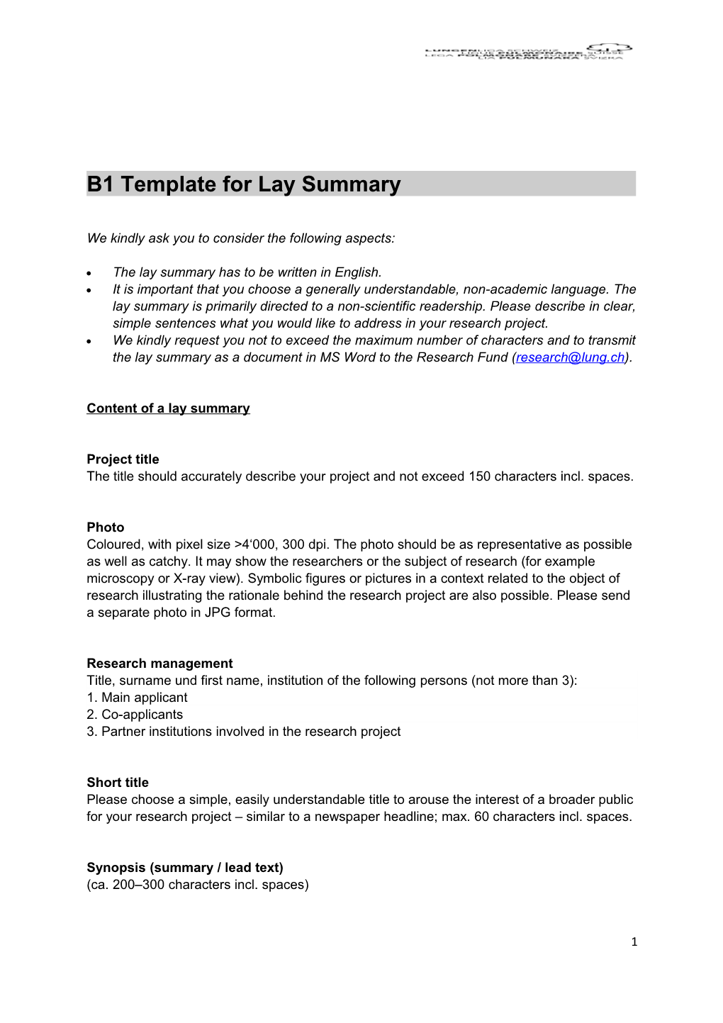 B1 Template for Lay Summary