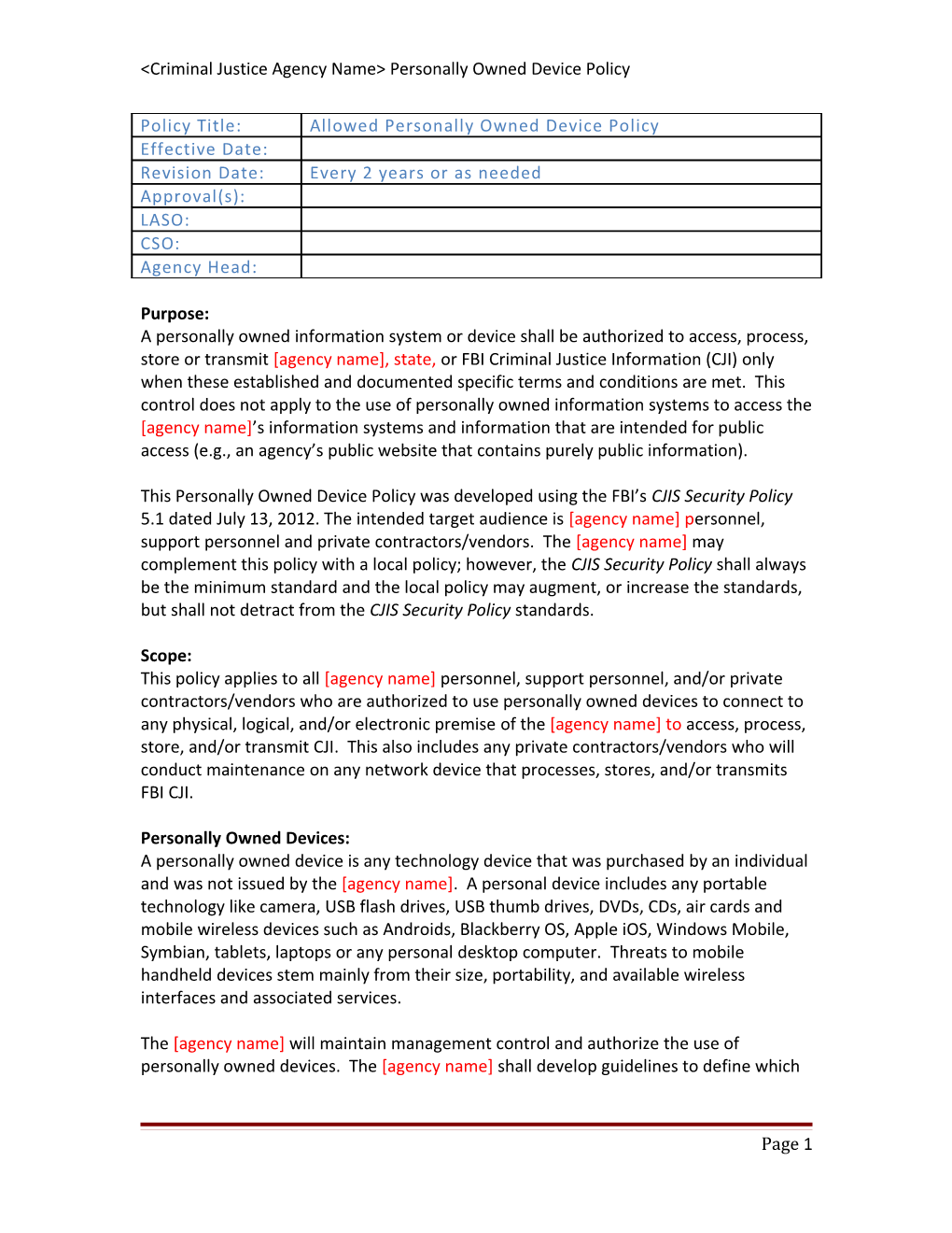 &lt;Criminal Justice Agency Name&gt; Personally Owned Device Policy