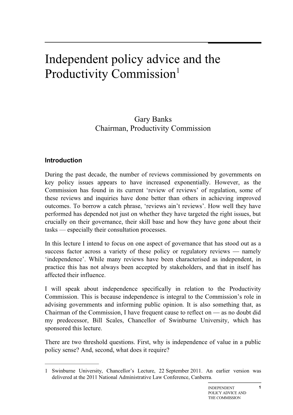 Independence And The Productivity Commission