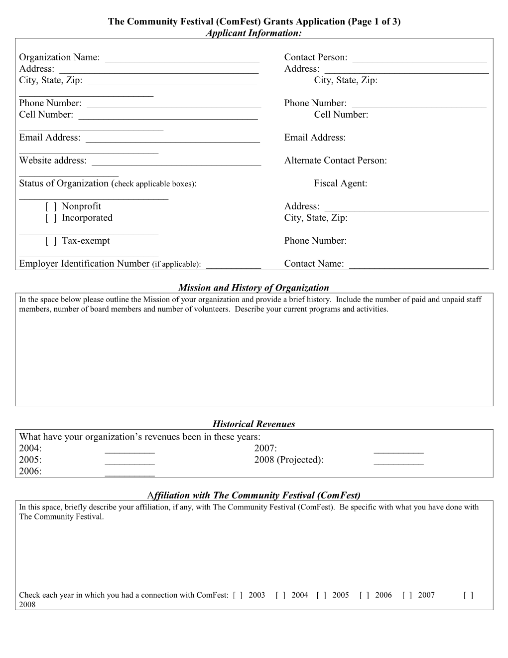 The Community Festival (Comfest) Grants Application (Page 1 of 3)